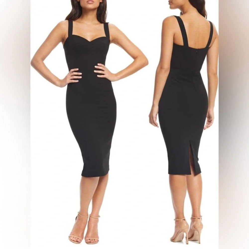 Classic Black Midi Bodycon Dress with Sweetheart Neckline